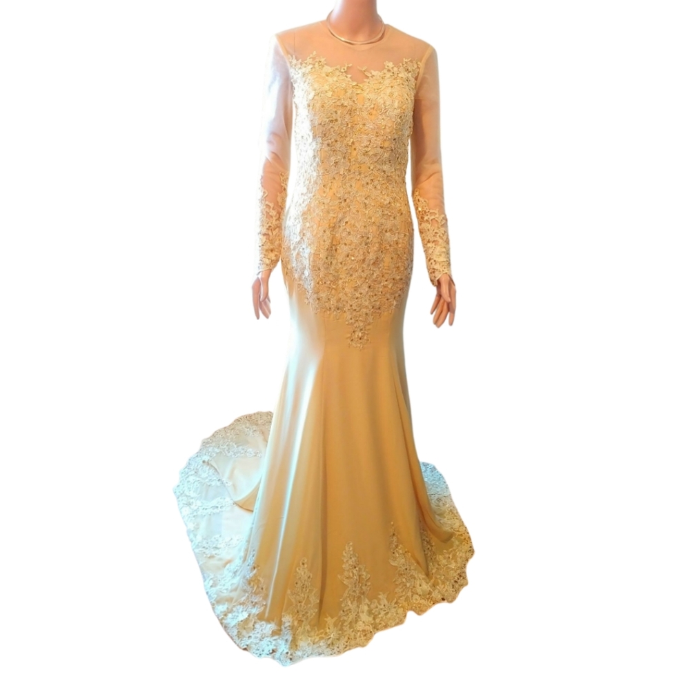 Trumpet/Mermaid Sheer Neck Sweep Long Sleeves Brush Train Dress